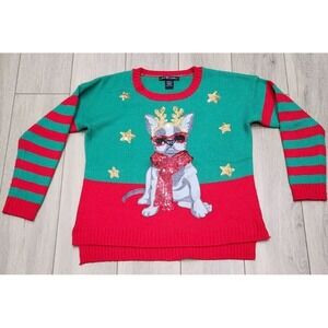 French Bull Dog Christmas Sequin Sweater Women Size Large Ugly Holiday Sweater‎